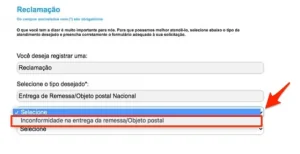 Tela no site dos Correios para realizar uma reclamação de atraso 