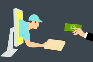 Entregador saindo da tela do computador e indo direto para o cliente para representar o frete CIF